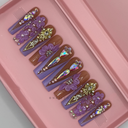 Petal Princess - Long Length 40mm 3D Flower Purple & White Silver Rhinestone Reusable Acrylic Gel UV Hand-Painted High Quality Handmade Luxury Press On Nails