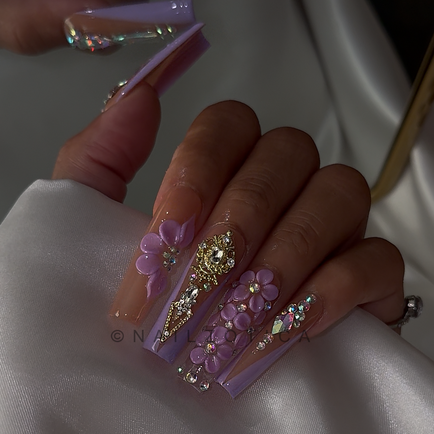 Petal Princess - Long Length 40mm 3D Flower Purple & White Silver Rhinestone Reusable Acrylic Gel UV Hand-Painted High Quality Handmade Luxury Press On Nails