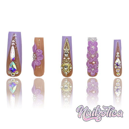 Petal Princess - Long Length 40mm 3D Flower Purple & White Silver Rhinestone Reusable Acrylic Gel UV Hand-Painted High Quality Handmade Luxury Press On Nails