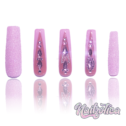 Pink Princess - Long Length 40mm Ballerina Shape Pink French Tip Glitter Silver Butterfly Charm Pink Rhinestone Reusable Acrylic Gel UV Hand-Painted High Quality Handmade Luxury Press On Nails (Custom)