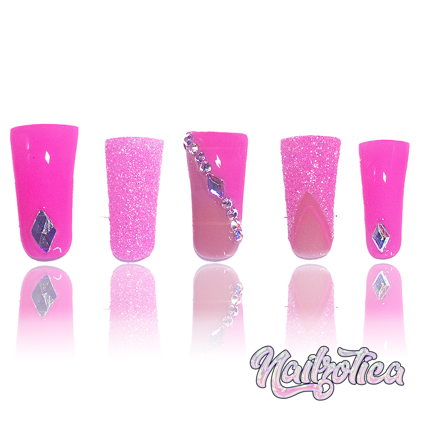 Pink Ur Poison - Long Length Medium Length 30mm & 40mm Square Shape Duck Shape Hot Pink Glitter French Tip Silver Rhinestone Reusable Acrylic Gel UV Hand-Painted High Quality Handmade Luxury Press On Nails (Custom)