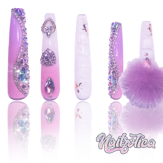 Purple Princess - Extra Long Length 55mm Ballerina Coffin Shape Purple Ombre Gradient White Croc Print Silver Rhinestone Purple Removeable Magnetic Pom-Poms Heart Gem Charms Reusable Acrylic Gel UV Hand-Painted High Quality Handmade Luxury Press (Custom)