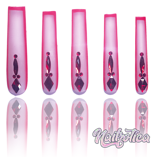 Queen of Hearts - Extra Long Length 55mm Square Shape Matte Clear Transparent Red Outline Red Rhinestone Reusable Acrylic Gel UV Hand-Painted High Quality Handmade Luxury Press On Nails (Custom)