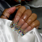 Sparkly French - Medium Length 35mm Square Shape Silver Gold Rhinestone French Tip Nude Transparent Natural Base Reusable Acrylic Gel UV Hand-Painted High Quality  Handmade Luxury Press On Nails
