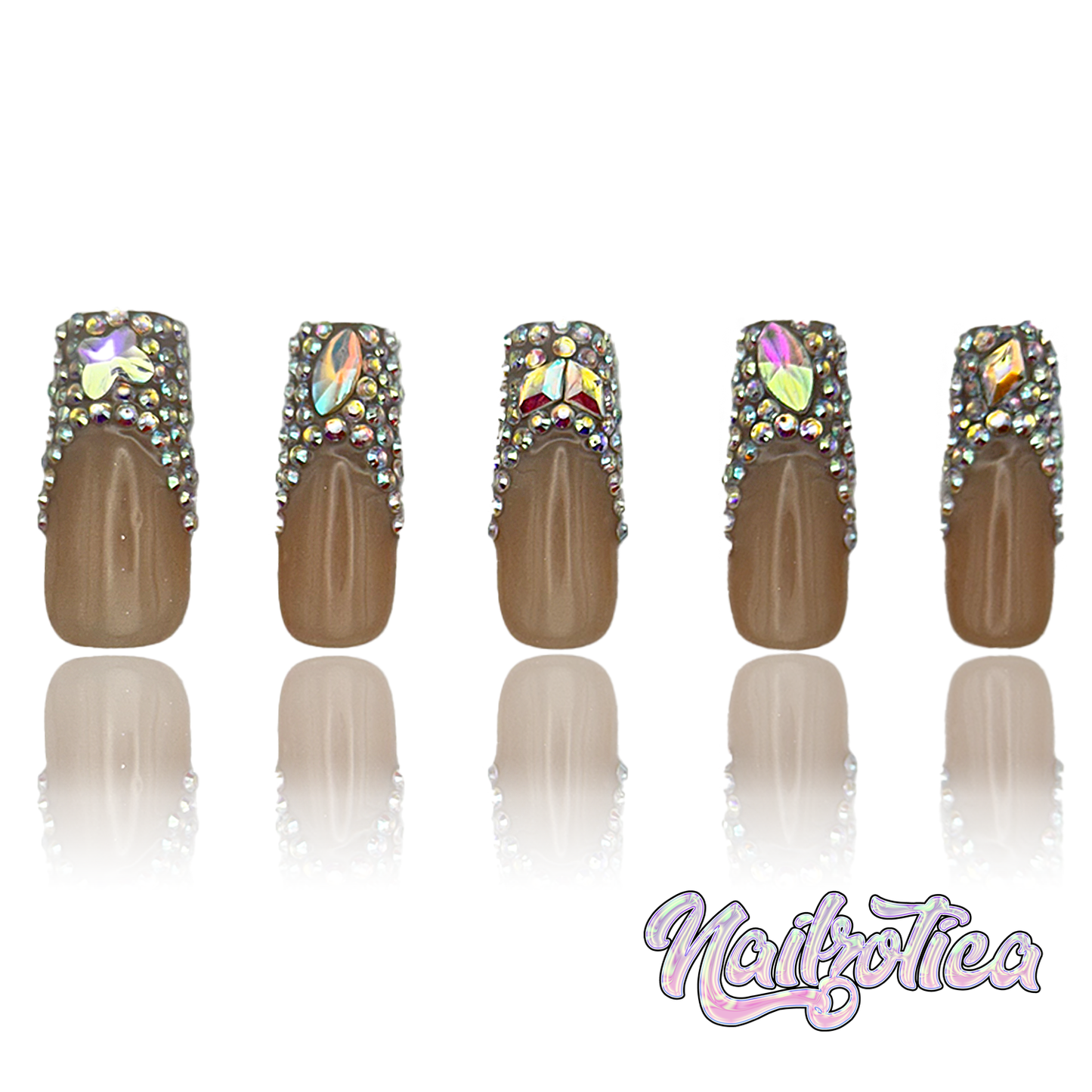 Sparkly French - Medium Length 35mm Square Shape Silver Gold Rhinestone French Tip Nude Transparent Natural Base Reusable Acrylic Gel UV Hand-Painted High Quality  Handmade Luxury Press On Nails