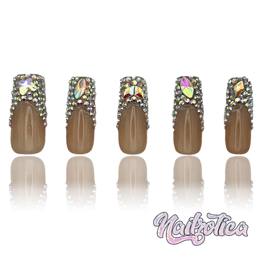 Sparkly French - Medium Length 35mm Square Shape Silver Gold Rhinestone French Tip Nude Transparent Natural Base Reusable Acrylic Gel UV Hand-Painted High Quality  Handmade Luxury Press On Nails