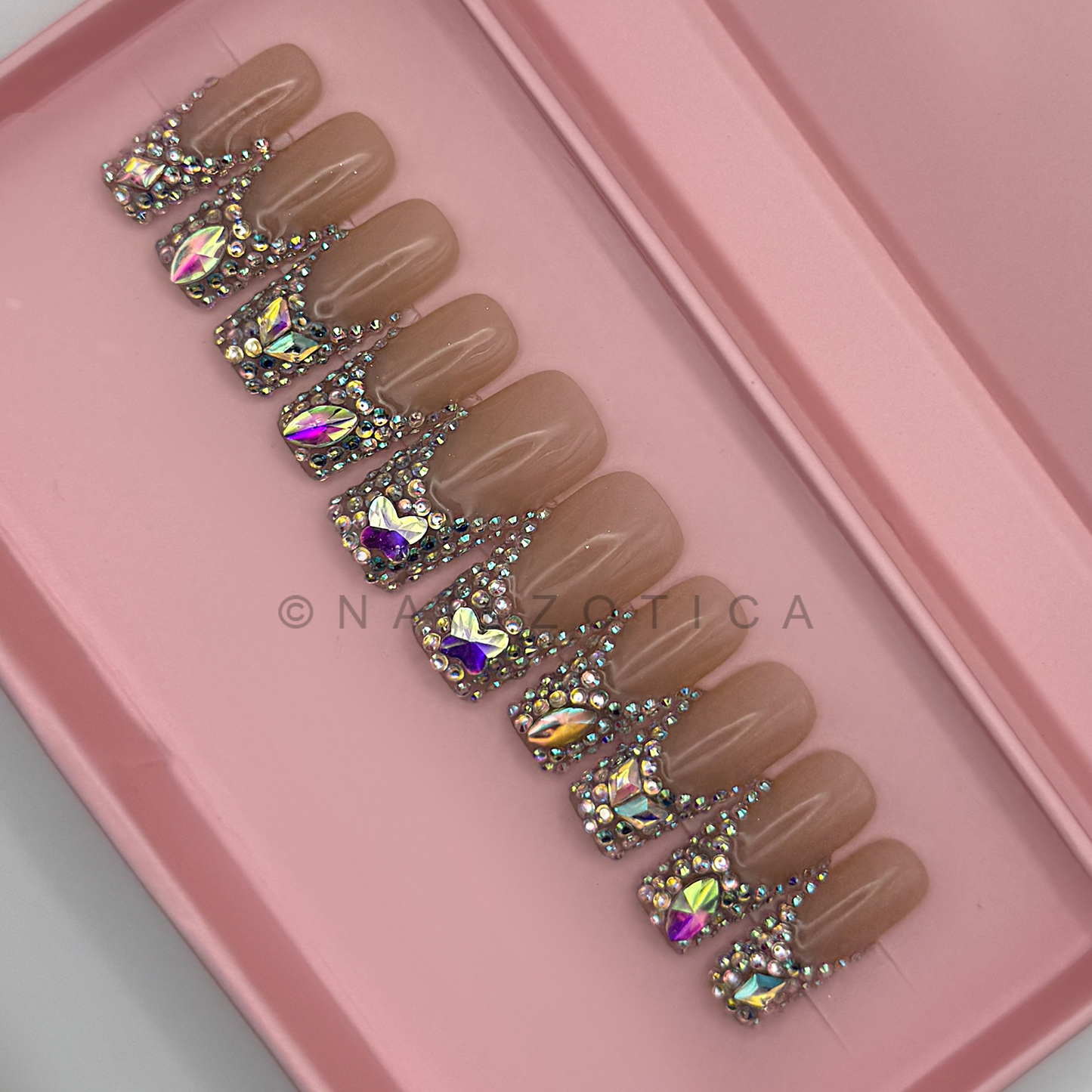 Sparkly French - Medium Length 35mm Square Shape Silver Gold Rhinestone French Tip Nude Transparent Natural Base Reusable Acrylic Gel UV Hand-Painted High Quality  Handmade Luxury Press On Nails