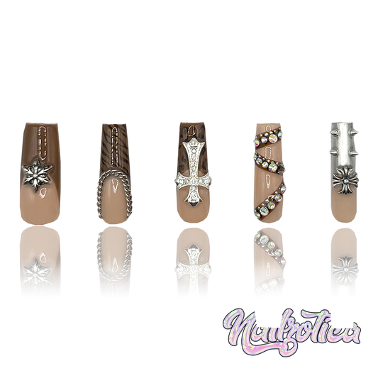 Wild Animal - Medium Length 35mm Square Shape Brown French Tip Spike Silver Rhinestone Cross Charm Reusable Acrylic Gel UV High Quality Handmade Luxury Press On Nails (Custom)